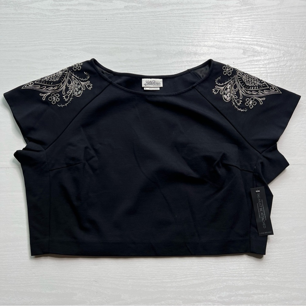 Lane Bryant Crop Top Womens 18 Black Ponte Knit Embellished Cap Sleeve